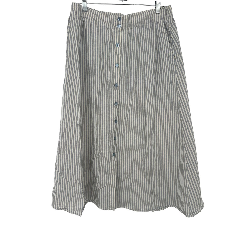 Eileen Fisher Midi Skirt  Small Blue White Striped Hemp Organic Cotton Button